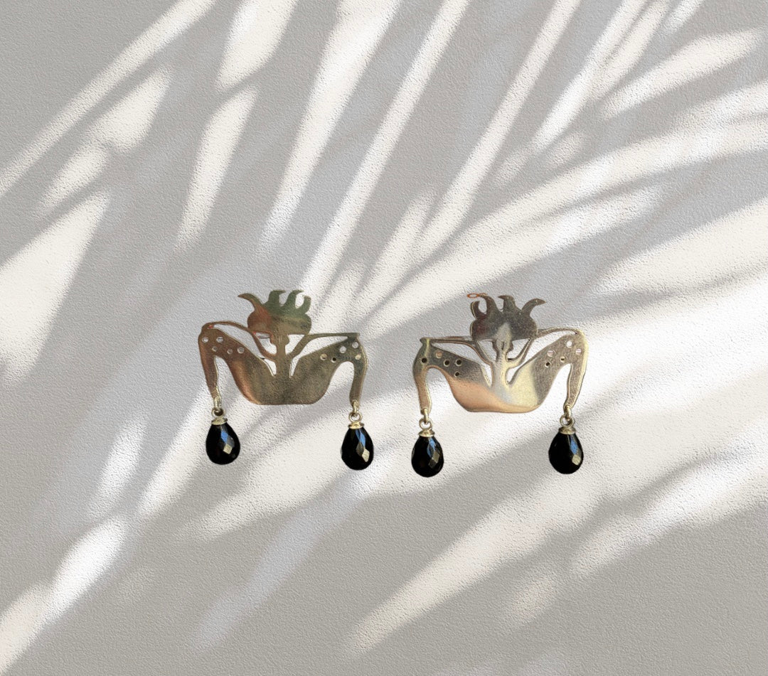 Boy with Birds and Black Onyx faceted drop Earrings